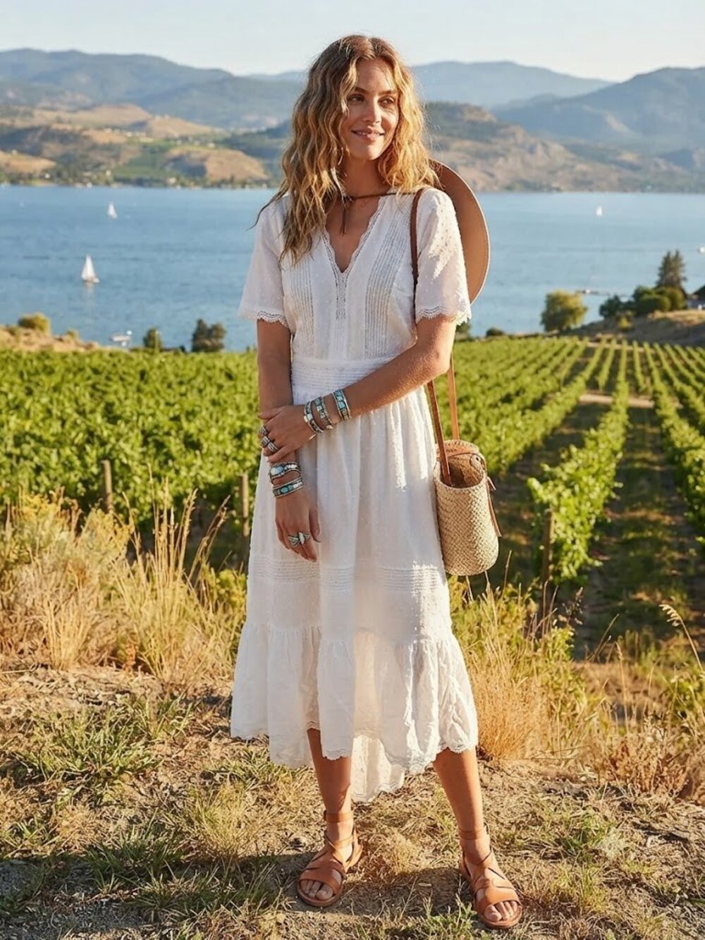 White V-Neck Boho Lace Midi Dress